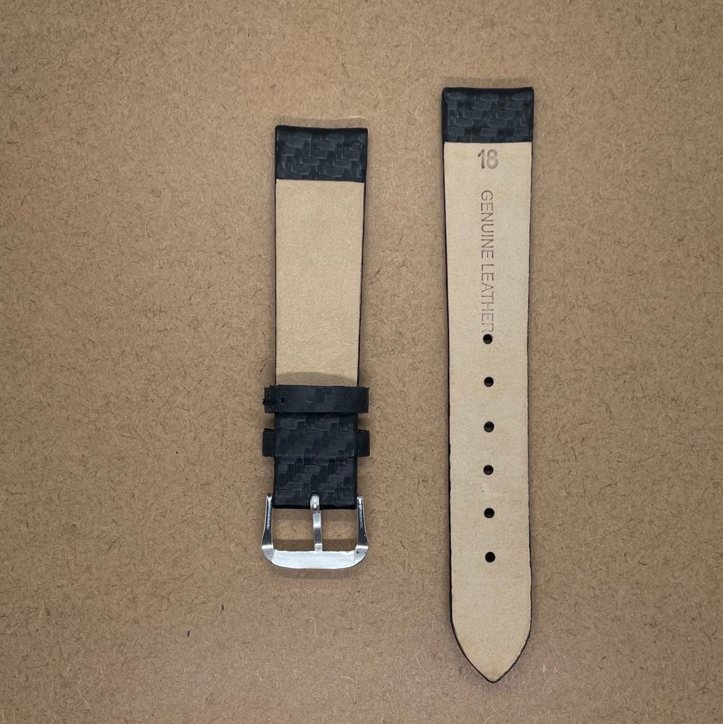 18mm Black Leather Watch Strap – Carbon Fiber Texture | Suparv